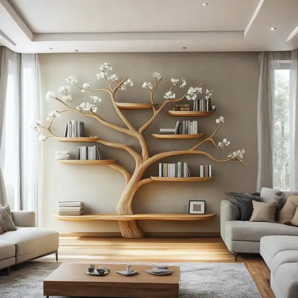 Narrow Branch Bookshelf, Slim Solid Wood Book Holder