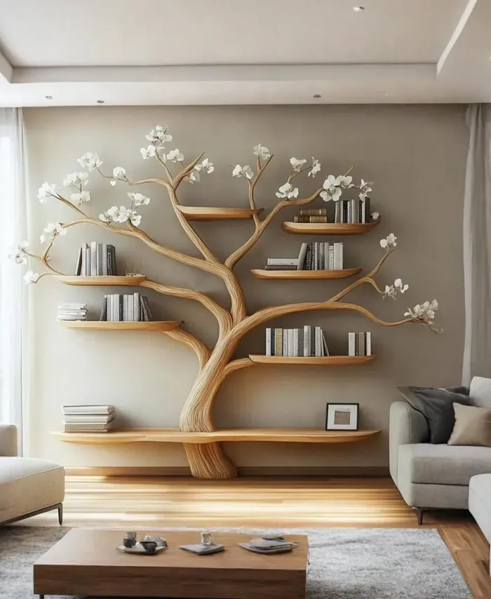 Narrow Branch Bookshelf, Slim Solid Wood Book Holder