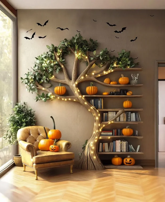 Halloween Tree Bookshelf, Solid Wood Tree-Shaped Bookcase