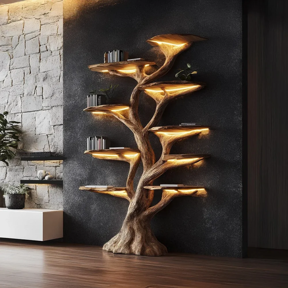 Rustic Tree Bookshelf, Solid Wood, Wall-Mounted Bookcase