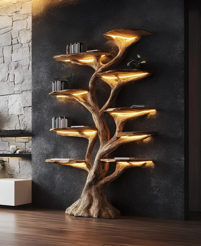 Rustic Tree Bookshelf, Solid Wood, Wall-Mounted Bookcase