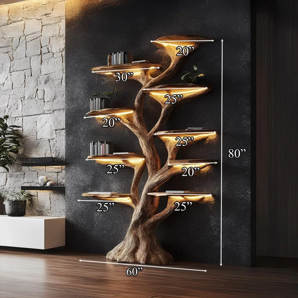 Rustic Tree Bookshelf, Solid Wood, Wall-Mounted Bookcase - Image 3