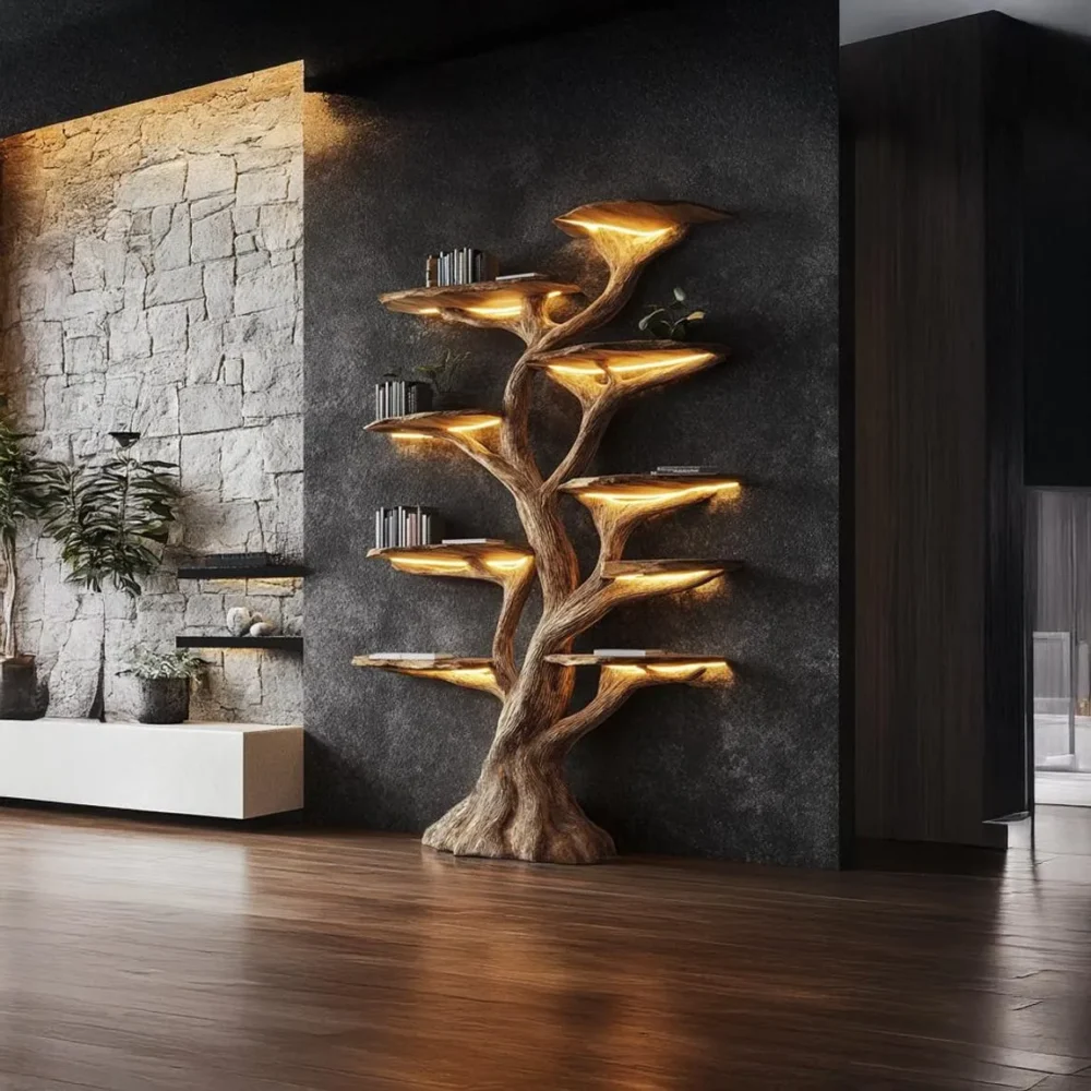Rustic Tree Bookshelf, Solid Wood, Wall-Mounted Bookcase - Image 6