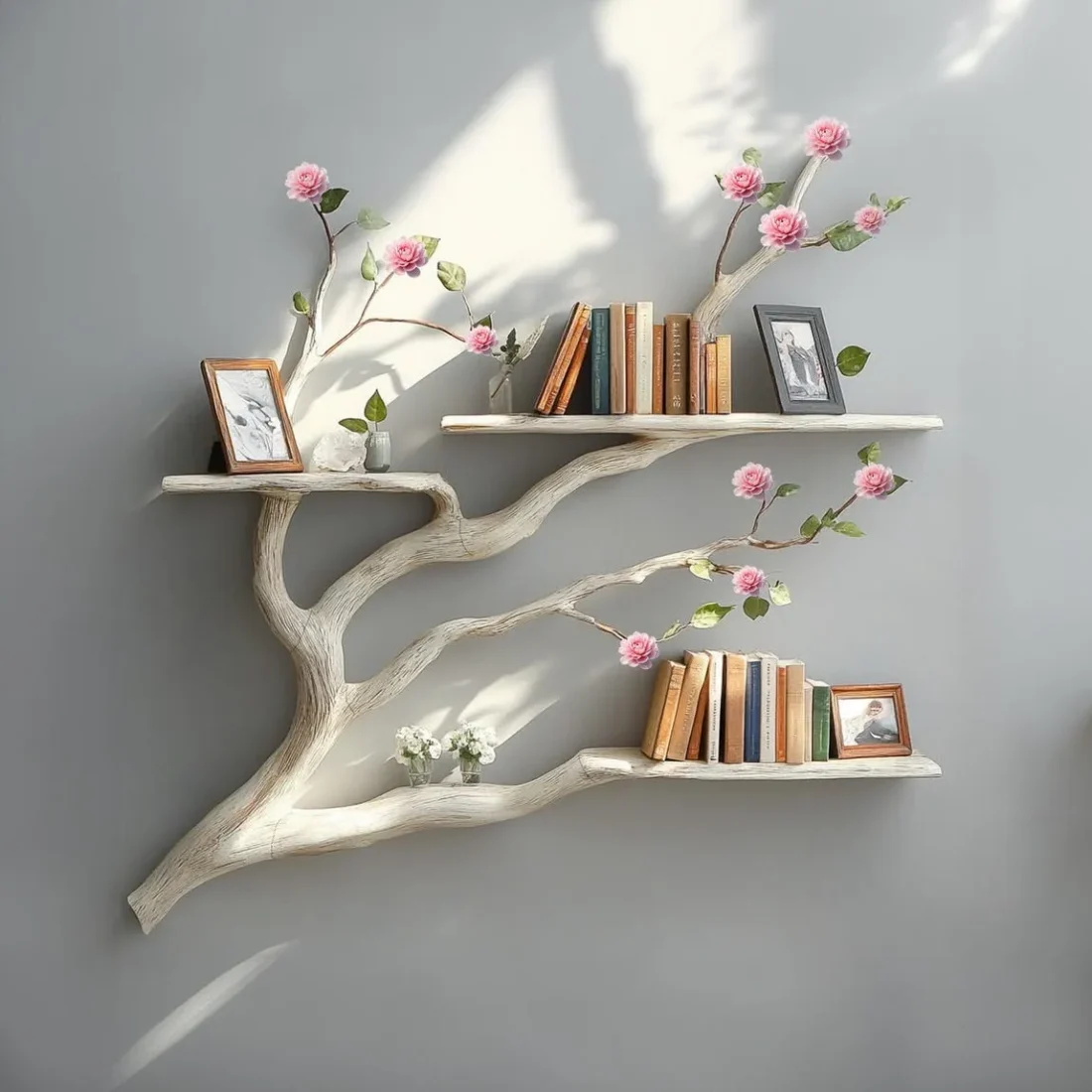 Driftwood Tree Bookshelf, Live-Edge Floating Wall Book Rack