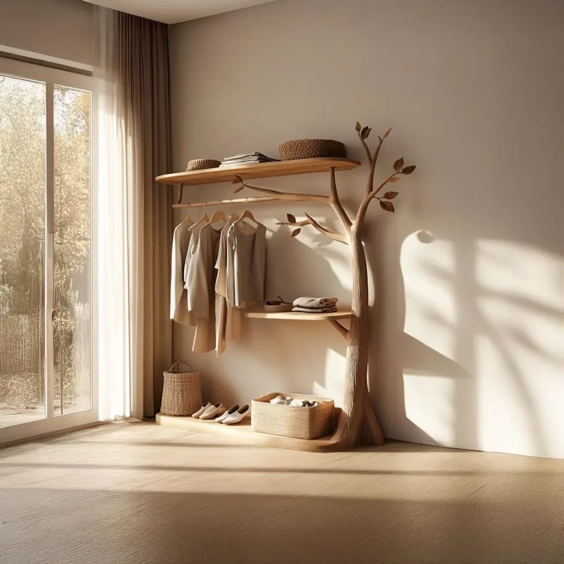 Tree-Shaped Wooden Wardrobe, Handmade Clothes Rack with Shelves