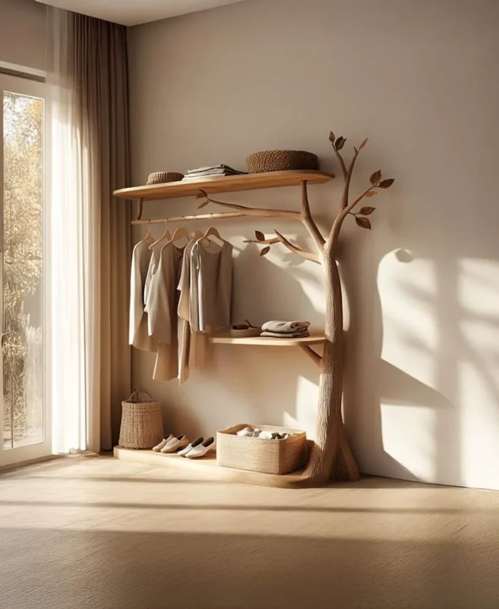 Tree-Shaped Wooden Wardrobe, Handmade Clothes Rack with Shelves