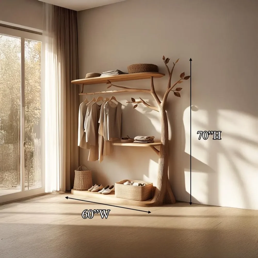 Tree-Shaped Wooden Wardrobe, Handmade Clothes Rack with Shelves - Image 3
