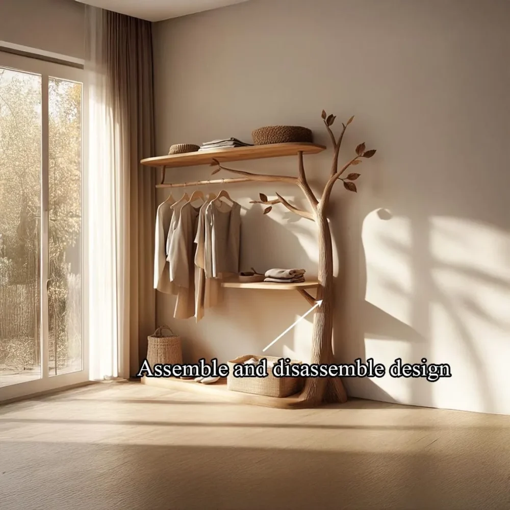 Tree-Shaped Wooden Wardrobe, Handmade Clothes Rack with Shelves - Image 4