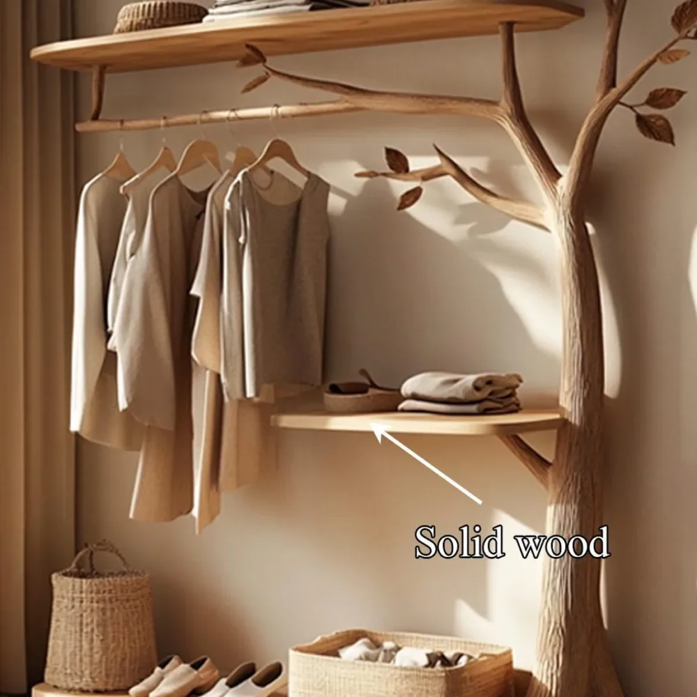 Tree-Shaped Wooden Wardrobe, Handmade Clothes Rack with Shelves - Image 5